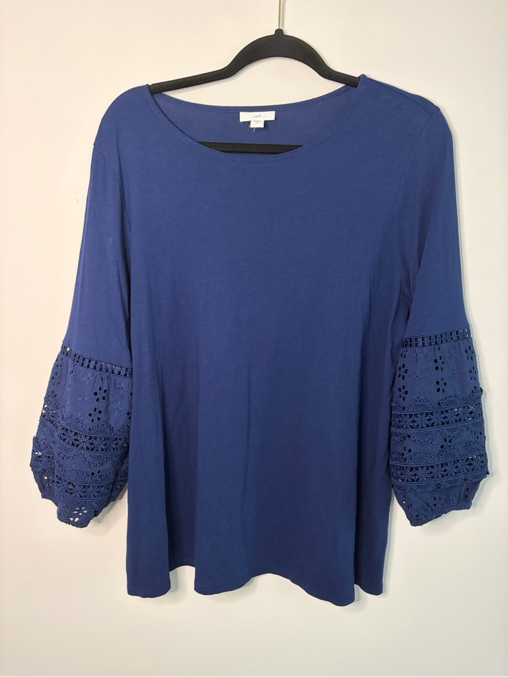 J. Jill Navy Blue Boho Bell-Sleeve Tunic with Eyelet and Lace Detail